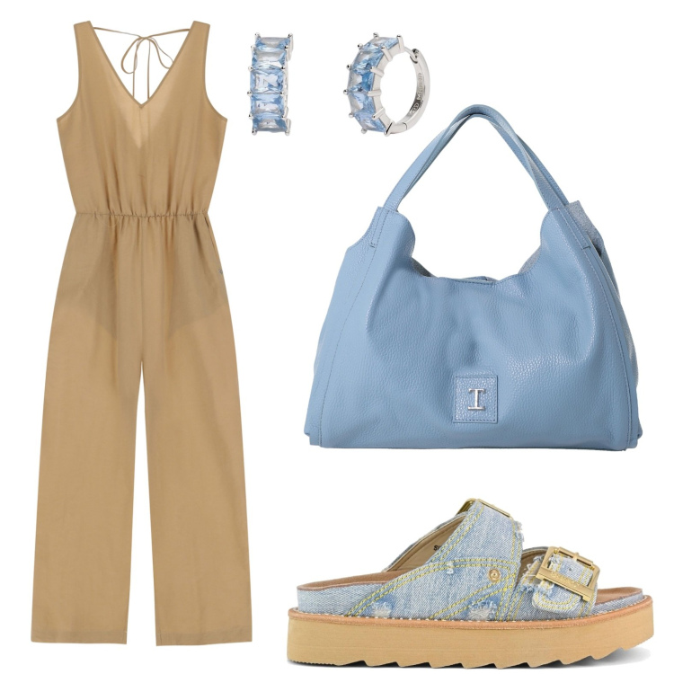 Outfit donna - Please - Summer Sale SS25. Stile Glamour per Tutti i giorni. Abbinamento con orecchini, tute, pochette, sandali.