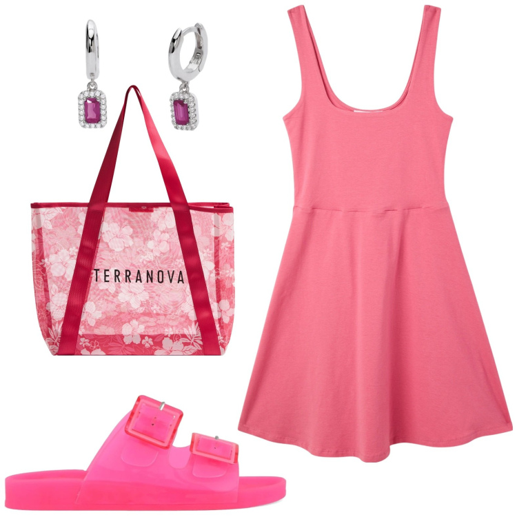 Outfit donna - Colori vivaci e tropicali -. Stile Glamour per Tutti i giorni. Abbinamento con vestiti corti, shopping bag, orecchini, sandali.