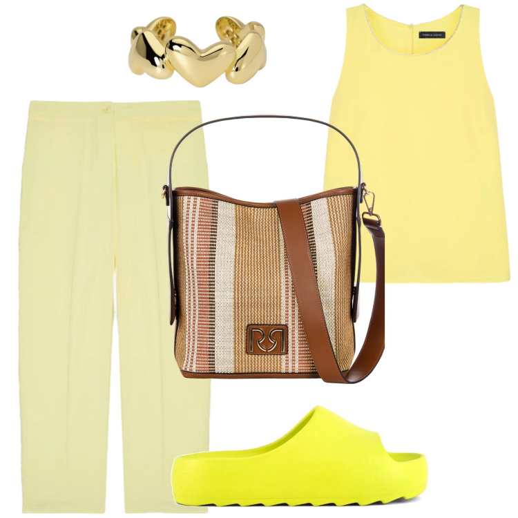 Outfit donna - Colori vivaci e tropicali -. Stile Minimal per Tutti i giorni. Abbinamento con anelli, borse a secchiello, pantaloni, top, ciabatte.