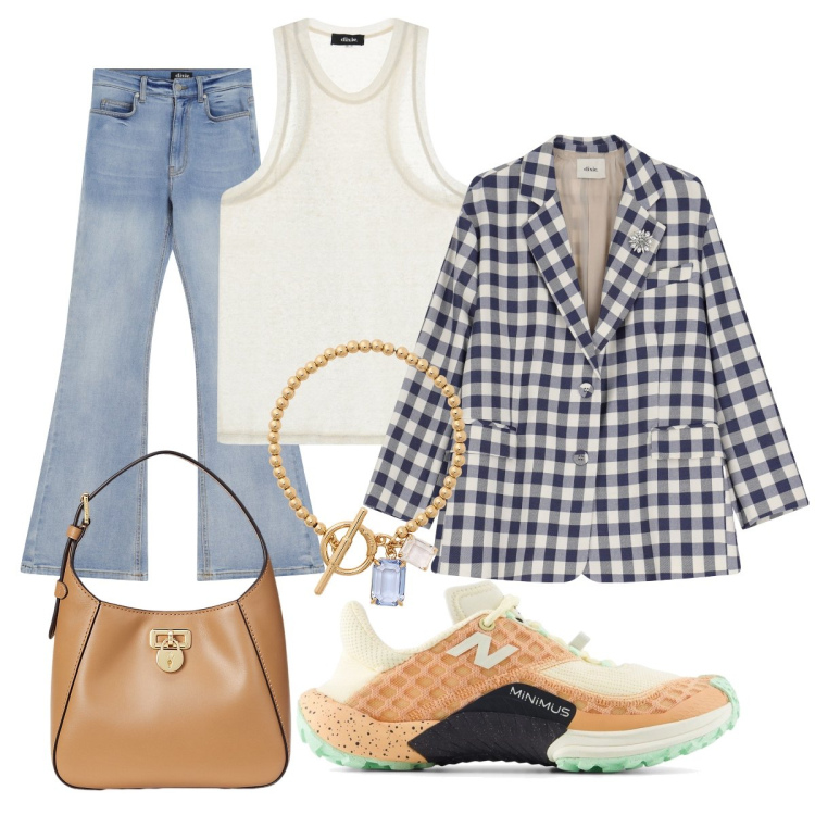Outfit donna - Settembre in ufficio. Stile Casual chic per Ufficio. Abbinamento con sneakers, blazer, jeans a zampa, top, braccialetti, borse a tracolla.
