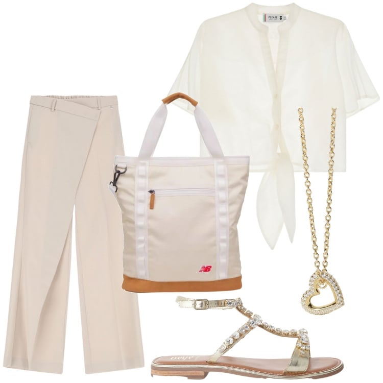 Outfit donna - Please - Summer Sale SS25. Stile Minimal per Tutti i giorni. Abbinamento con collane, shopping bag, pantaloni, camicie a manica corta, sandali.