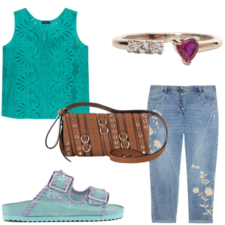 Outfit donna - Colori vivaci e tropicali - Focus Donna. Stile Minimal per Tutti i giorni. Abbinamento con anelli, borse a spalla, jeans, top, sandali.