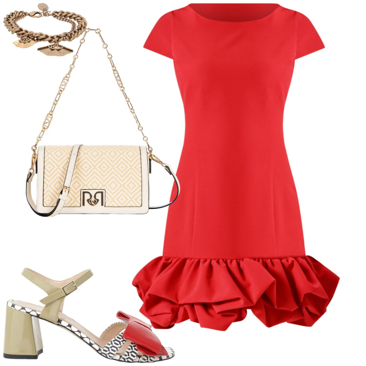 Outfit donna - Red. Stile Minimal per Serata fuori. Abbinamento con braccialetti, vestiti, borse a tracolla, sandali col tacco.