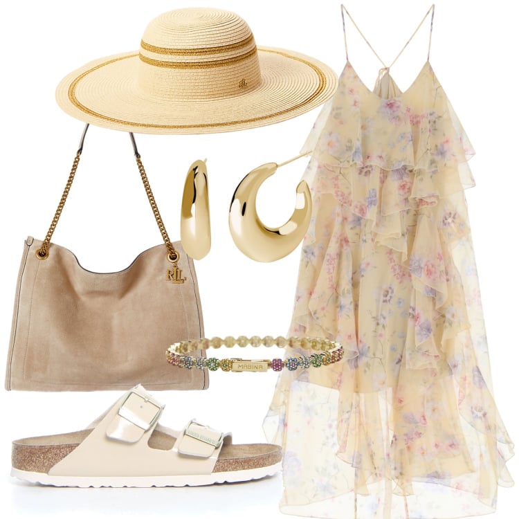 Outfit donna - Il beige e le sue sfumature. Stile Boho per Tutti i giorni. Abbinamento con orecchini, braccialetti, vestiti lunghi, borse tote, cappelli, ciabatte.