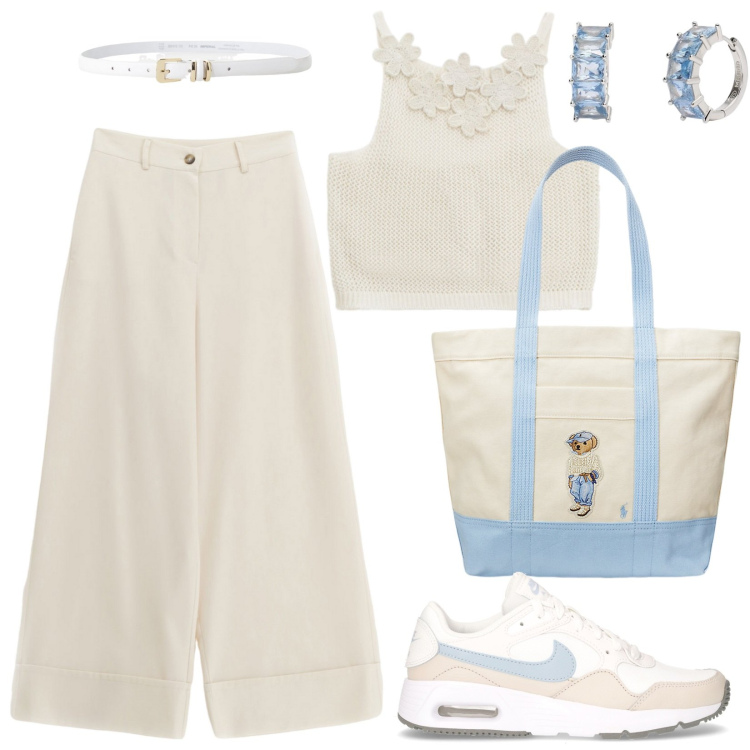 Outfit donna - Light Blue Bear. Stile Casual per Tutti i giorni. Abbinamento con orecchini, cinture, top, pantaloni a palazzo, borse tote, sneakers.