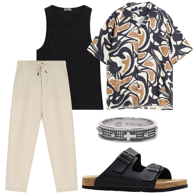 Outfit uomo - Camicia a maniche corte con stampa. Stile Casual per Tutti i giorni. Abbinamento con sandali, anelli, pantaloni chino, camicie a manica corta, canottiere.