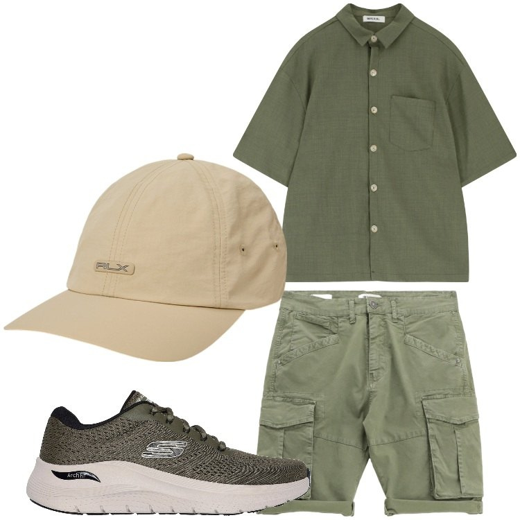 Outfit uomo - Bosco e sabbia. Stile Casual per Tutti i giorni. Abbinamento con camicie a manica corta, bermuda, cappelli, sneakers.
