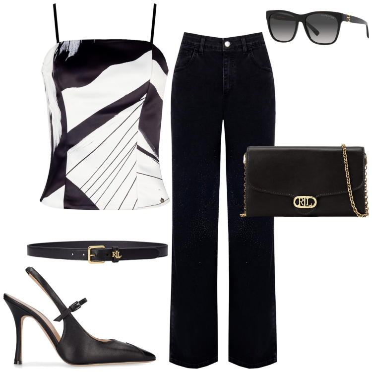 Outfit donna - Black and White. Stile Chic per Cerimonia. Abbinamento con canottiere, jeans dritti, borse a tracolla, occhiali da sole, cinture, décolleté.