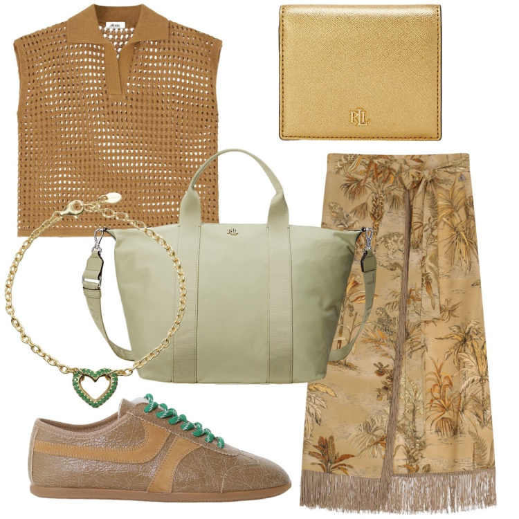 Outfit donna - La gonna con le frange. Stile Boho per Tutti i giorni. Abbinamento con braccialetti, gonne, top, sneakers, portafogli, borse tote.