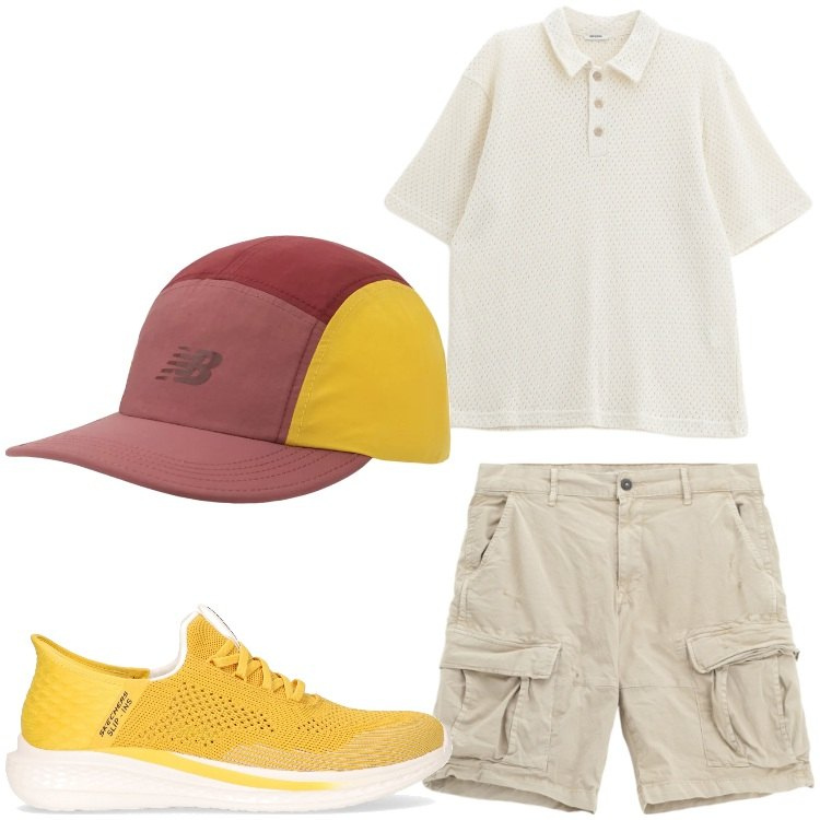 Outfit uomo - Un raggio di sole. Stile Casual per Tutti i giorni. Abbinamento con cappelli con visiera, polo, bermuda, sneakers.