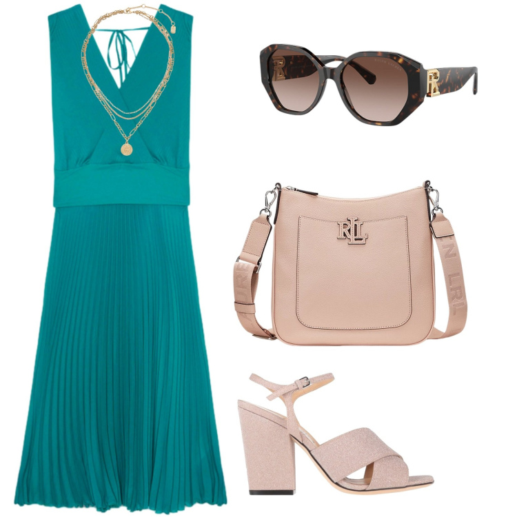 Outfit donna - Pranzo domenicale. per Tutti i giorni. Abbinamento con sandali col tacco, ciondoli, occhiali da sole, borse a tracolla, vestiti lunghi.