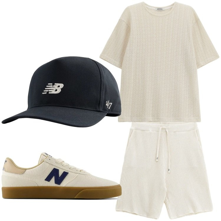 Outfit uomo - Partenza. Stile Casual per Tutti i giorni. Abbinamento con sneakers, cappelli con visiera, bermuda, t-shirt.