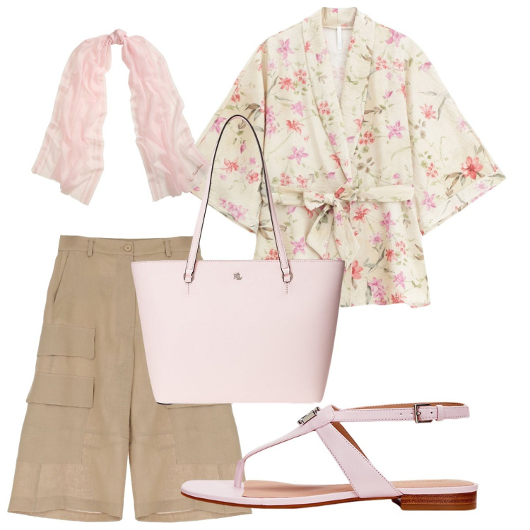 Outfit donna - La camicia a kimono. Stile Casual chic per Tutti i giorni. Abbinamento con kimono, shorts, sandali in pelle, sciarpe, borse tote.