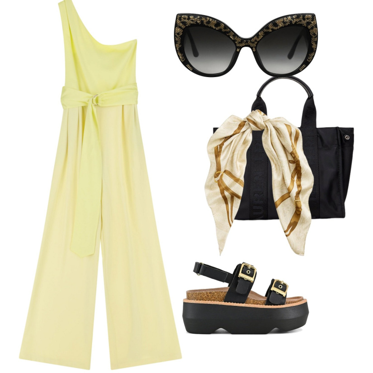 Outfit donna - Accessori belli. per Tutti i giorni. Abbinamento con occhiali da sole, tute, borse tote, foulard, sandali col tacco.