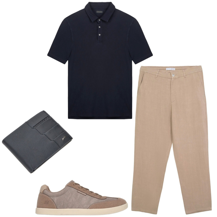 Outfit uomo - A cena fuori. Stile Casual per Tutti i giorni. Abbinamento con pantaloni chino, polo, portafogli, scarpe stringate.