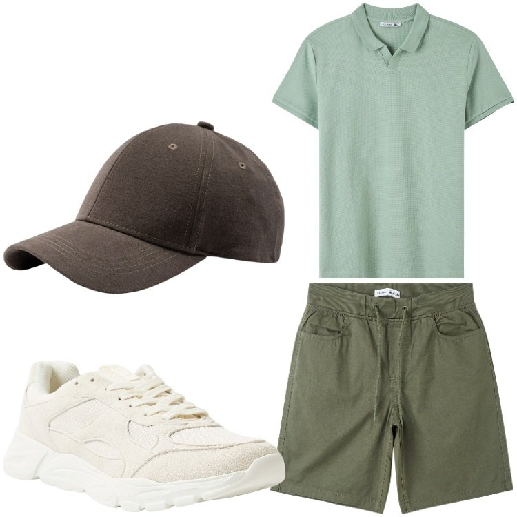 Outfit uomo - Bicolor. Stile Casual per Tutti i giorni. Abbinamento con polo, shorts, sneakers, cappelli con visiera.
