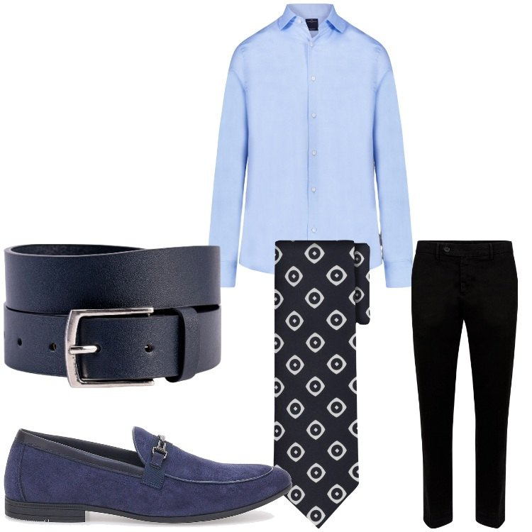 Outfit uomo - La cravatta in estate. Stile Business/Elegante per Serata speciale. Abbinamento con pantaloni chino, scarpe stringate, camicie, cinture, cravatte.