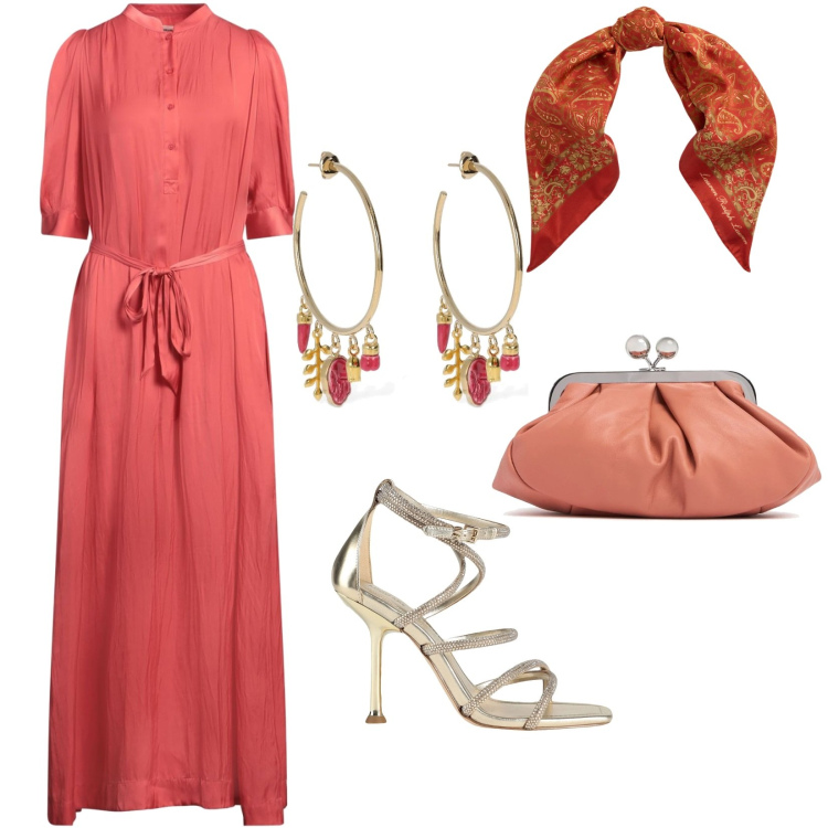 Outfit donna - Cerimonia all\'aperto. per Cerimonia. Abbinamento con vestiti lunghi, sandali col tacco, foulard, orecchini, pochette.