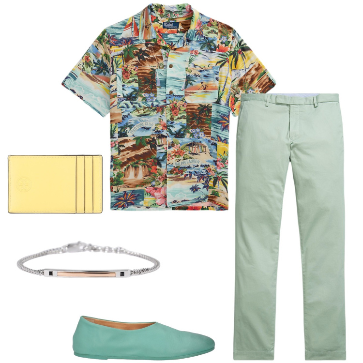 Outfit uomo - In crociera. Stile Trendy per Serata speciale. Abbinamento con scarpe stringate, portafogli, braccialetti, pantaloni chino, camicie.