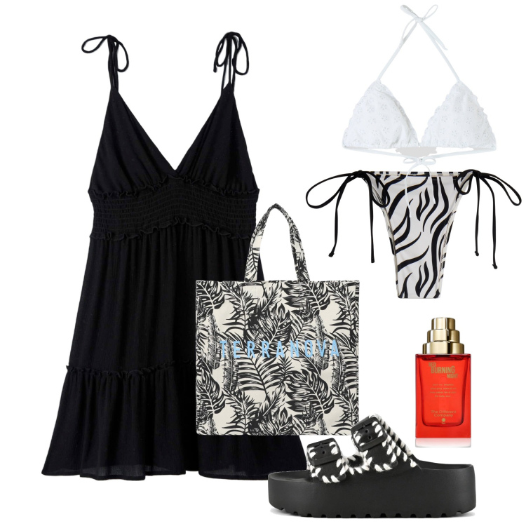 Outfit donna - Mare. Stile Chic per Mare. Abbinamento con profumi, vestiti, bikini, borse tote, bikini, ciabatte.