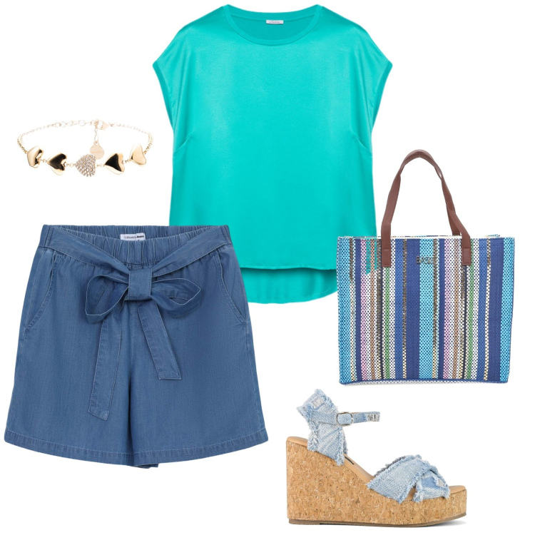 Outfit donna - Così pratica. per Tutti i giorni. Abbinamento con shorts, braccialetti, zeppe, shopping bag, bluse.