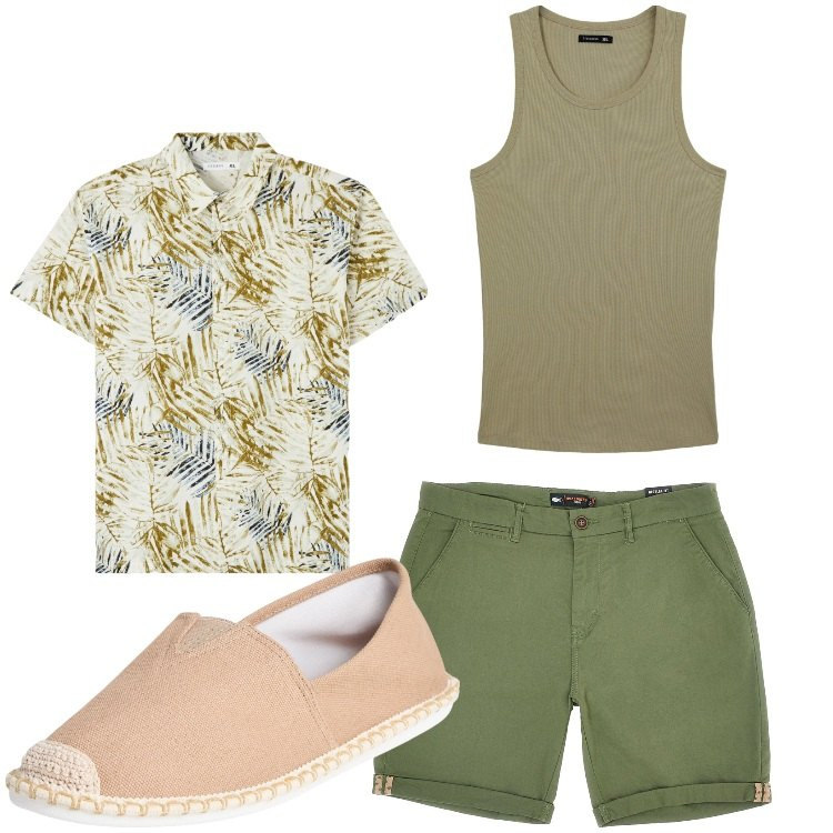 Outfit uomo - Senza pensieri. Stile Casual per Tutti i giorni. Abbinamento con camicie a manica corta, espadrillas, canottiere, pantaloni cargo.