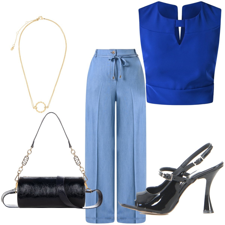 Outfit donna - Uscita serale. Stile Chic per Serata fuori. Abbinamento con top, borse a mano, pantaloni, ciondoli, sandali col tacco.