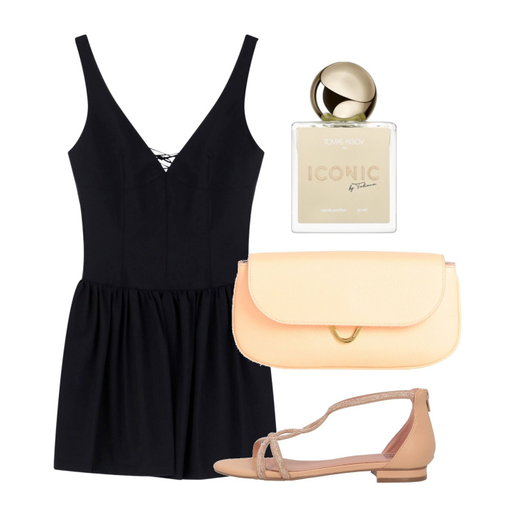 Outfit donna - Sera di luglio. Stile Chic per Serata fuori. Abbinamento con borse a mano, sandali in pelle, profumi, vestiti corti.