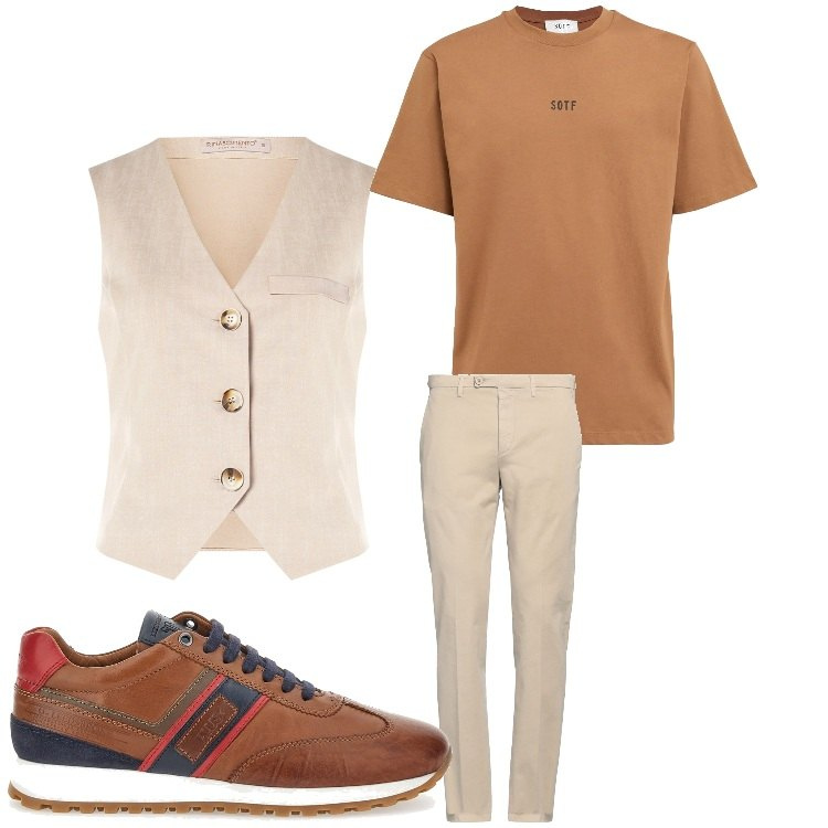 Outfit uomo - casual ma non troppo. Stile Business/Elegante per Serata speciale. Abbinamento con pantaloni, gilet, scarpe stringate, t-shirt.