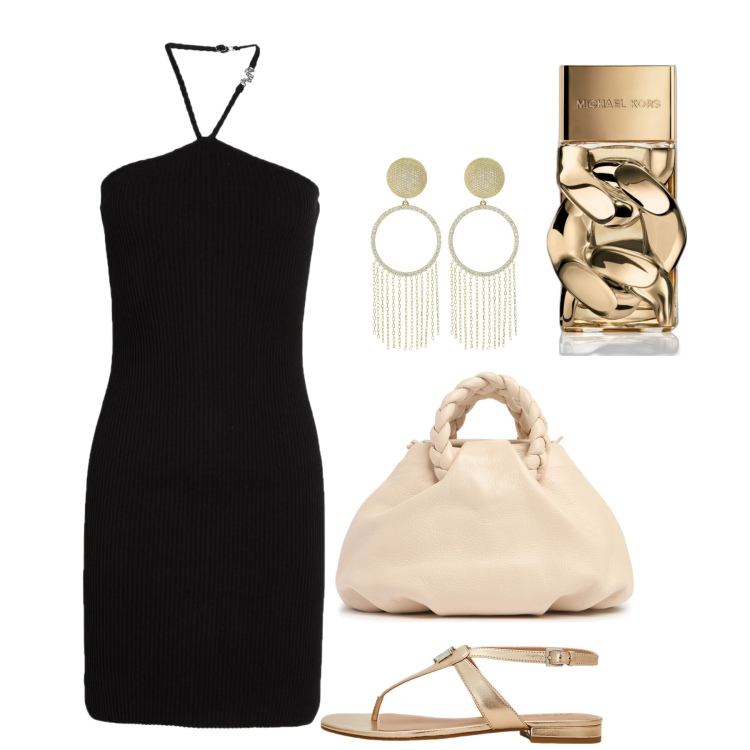 Outfit donna - A cena fuori. Stile Chic per Serata fuori. Abbinamento con vestiti corti, profumi, sandali in pelle, orecchini, borse a mano.