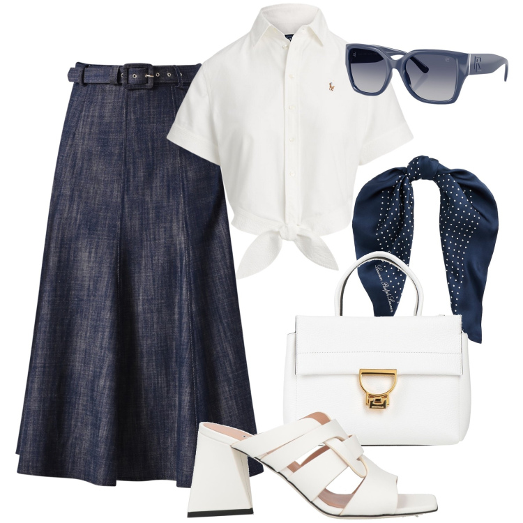 Outfit donna - Bianco e blu per ogni occasione. Stile Glamour per Tutti i giorni. Abbinamento con sandali in pelle, borse a mano, gonne longuette, camicie, foulard, occhiali da sole.