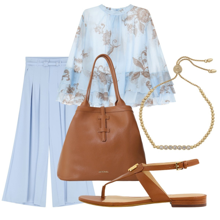 Outfit donna - Madrina a settembre. Stile Bon Ton per Cerimonia. Abbinamento con pantaloni, camicie, borse tote, sandali, braccialetti.