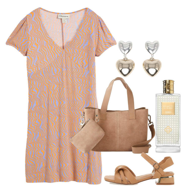 Outfit donna - Un semplice abitino. Stile Bon Ton per Tutti i giorni. Abbinamento con vestiti, borse a mano, profumi, orecchini, sandali col tacco.