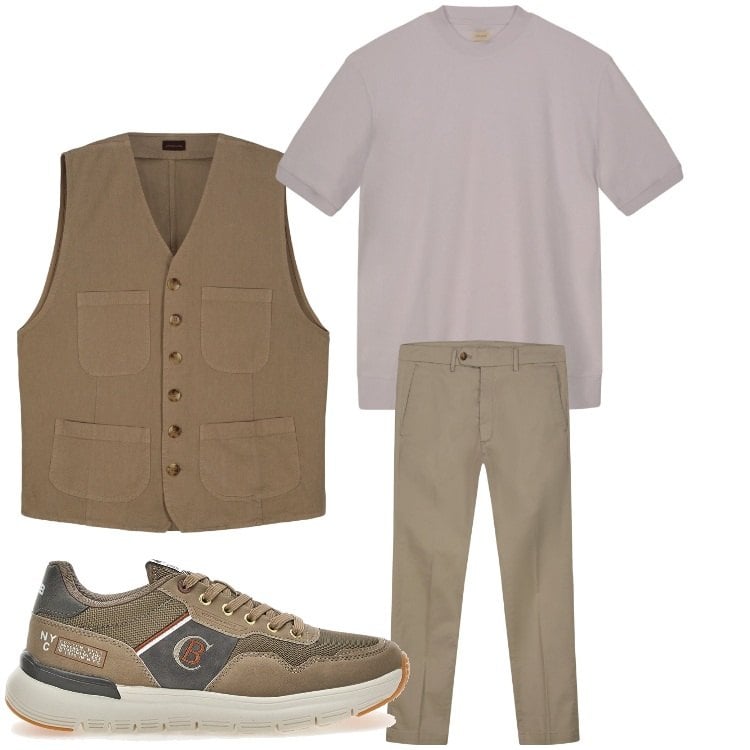 Outfit uomo - Trendy in ufficio. Stile Trendy per Ufficio. Abbinamento con pantaloni chino, gilet, sneakers, t-shirt.