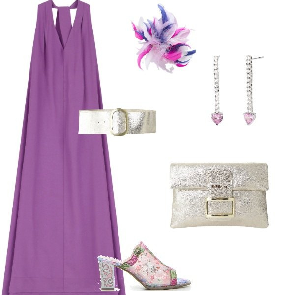 Outfit donna - serata in lilla e argento. Stile Chic per Serata fuori. Abbinamento con orecchini, pochette, cinture, vestiti lunghi, accessori per capelli, sabot.