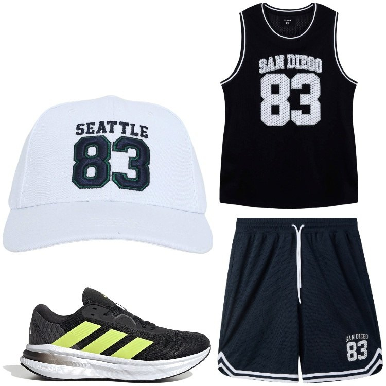 Outfit uomo - Basket. Stile Casual per Sport. Abbinamento con cappelli, t-shirt sportive, pantaloncini sportivi, scarpe sportive.