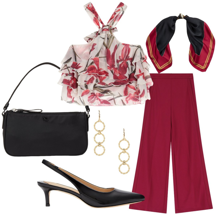 Outfit donna - Serata elegante. Stile Bon Ton per Serata fuori. Abbinamento con pantaloni a palazzo, canottiere, décolleté, foulard, pochette, orecchini.