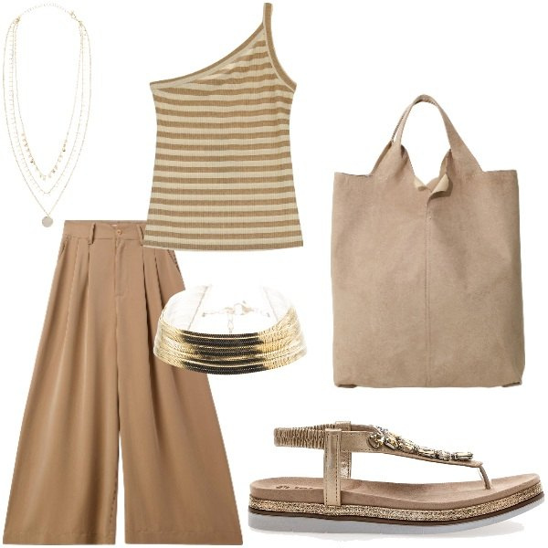 Outfit donna - Le serate di Luglio. Stile Casual chic per Serata fuori. Abbinamento con collane, pantaloni, top, braccialetti, shopping bag, sandali gioiello.