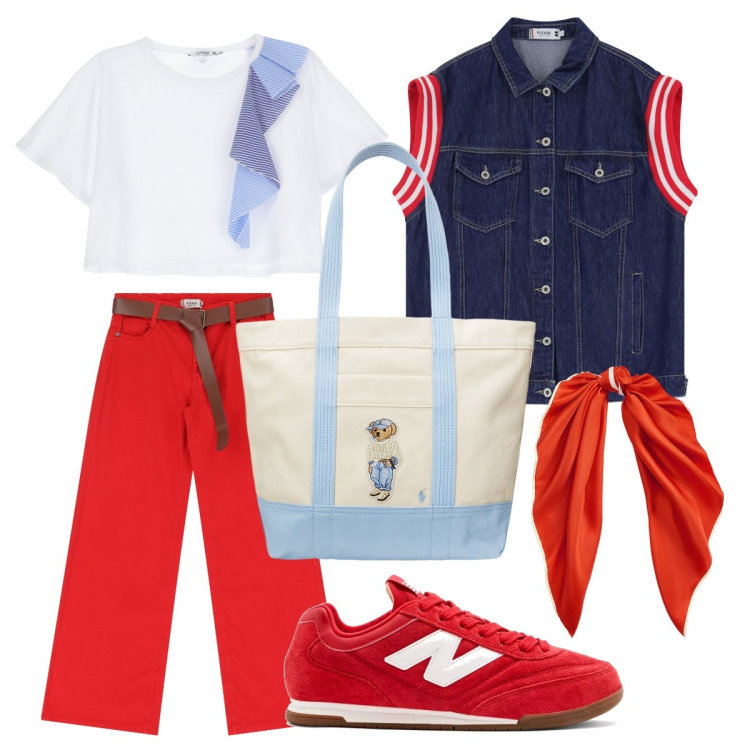 Outfit donna - Rosso & blu. Stile Casual chic per Tutti i giorni. Abbinamento con sneakers, pantaloni, t-shirt, gilet, foulard, borse tote.