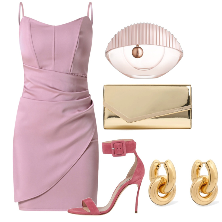 Outfit donna - Damigella in rosa. Stile Chic per Cerimonia. Abbinamento con sandali col tacco, profumi, vestiti a tubino, orecchini, pochette.