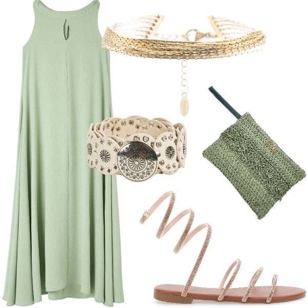 Outfit donna - Le serate di Luglio. Stile Casual chic per Serata fuori. Abbinamento con vestiti senza maniche, cinture, braccialetti, pochette, sandali alla schiava.