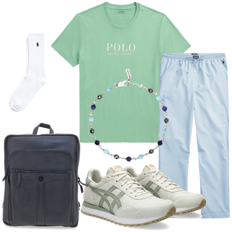 Outfit uomo - In partenza. Stile Casual per Tutti i giorni. Abbinamento con braccialetti, pantaloni, calzini, t-shirt, sneakers, borse sportive.