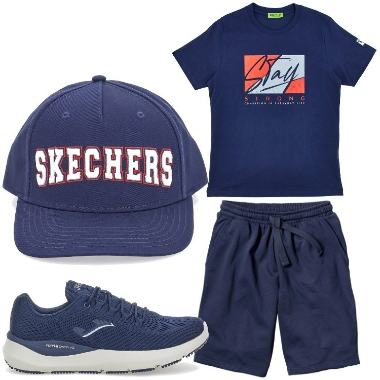 Outfit uomo - Blu sport. Stile Casual per Tutti i giorni. Abbinamento con bermuda, cappelli, sneakers, t-shirt.