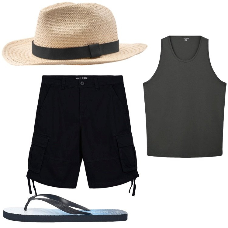 Outfit uomo - Sto bene al mare. Stile Casual per Mare. Abbinamento con sandali, canottiere, bermuda, cappelli.
