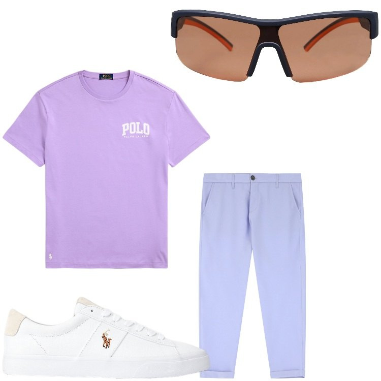 Outfit uomo - Purple sun. Stile Casual per Tutti i giorni. Abbinamento con occhiali da sole, pantaloni chino, sneakers, t-shirt.