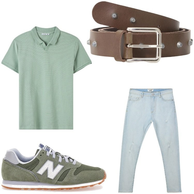 Outfit uomo - Verde casual. Stile Casual per Tutti i giorni. Abbinamento con polo, jeans strappati, cinture, sneakers.