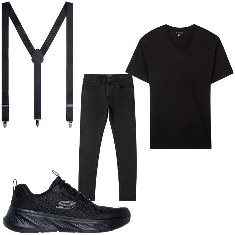 Outfit uomo - Tono su tono. Stile Urban per Tutti i giorni. Abbinamento con t-shirt, jeans skinny, bretelle, sneakers.