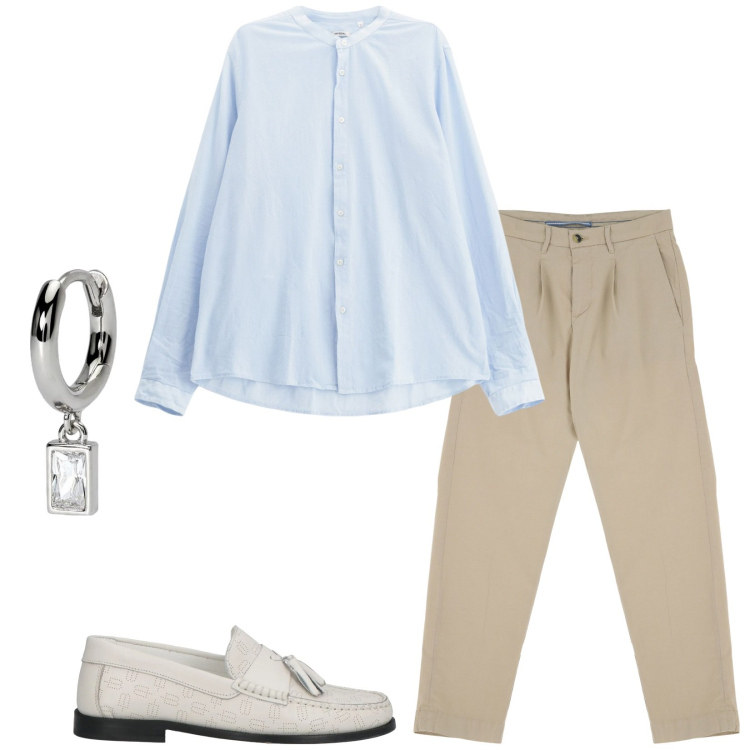 Outfit uomo - Colori chiari, tessuti leggeri. Stile Trendy per Serata speciale. Abbinamento con scarpe stringate, orecchini, pantaloni chino, camicie.