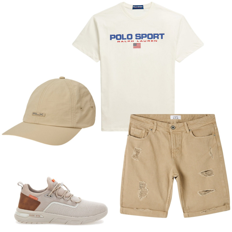 Outfit uomo - Passeggiata nel Bosco. Stile Casual per Tutti i giorni. Abbinamento con bermuda, cappelli, t-shirt, sneakers.
