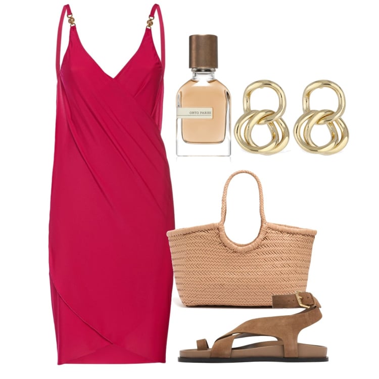 Outfit donna - Abito chic portato easy. Stile Chic per Tutti i giorni. Abbinamento con profumi, vestiti, sandali in pelle, shopping bag, orecchini.